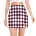 Burgundy And White Check Pattern Print Side Slit Mini Skirt