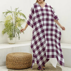 Burgundy And White Check Pattern Print Silk V-Neck Kaftan Dress