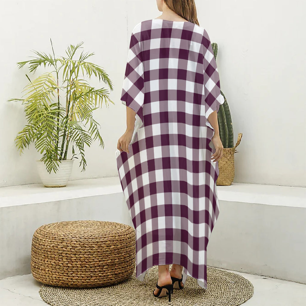 Burgundy And White Check Pattern Print Silk V-Neck Kaftan Dress