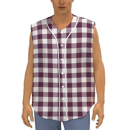 Burgundy And White Check Pattern Print Sleeveless Baseball Jersey