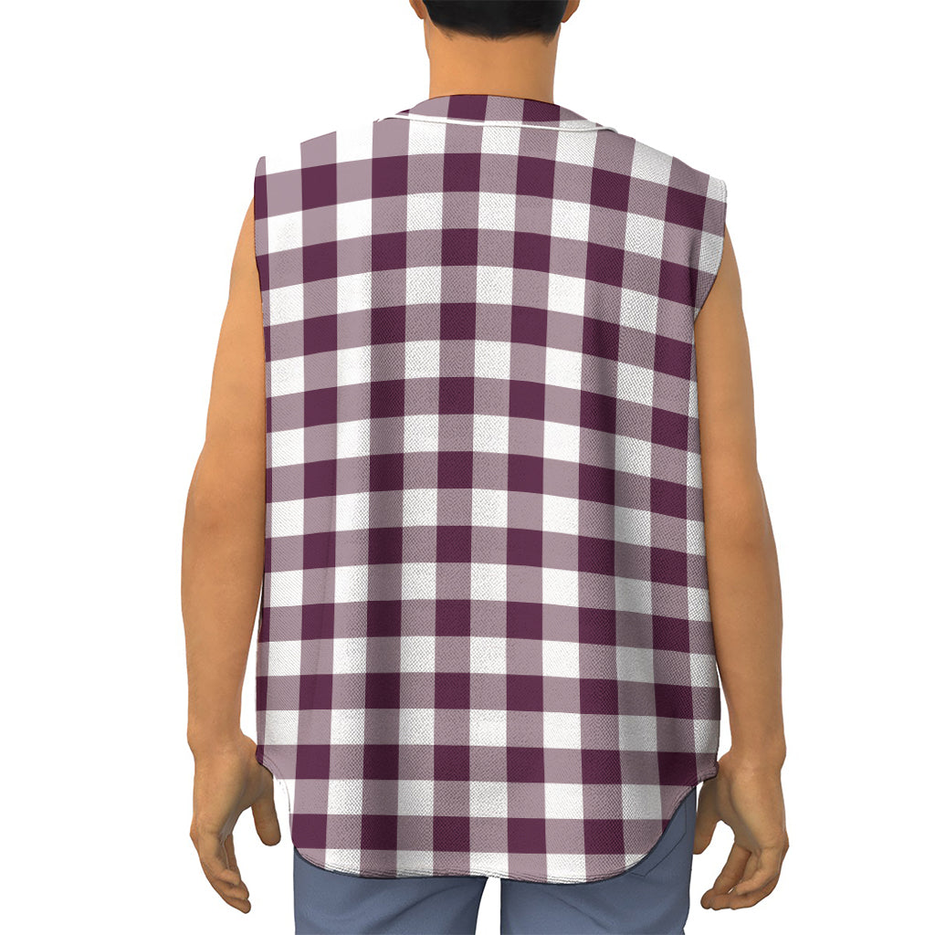 Burgundy And White Check Pattern Print Sleeveless Baseball Jersey