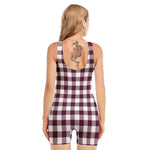 Burgundy And White Check Pattern Print Sleeveless One Piece Swimsuit