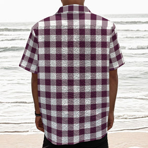 Burgundy And White Check Pattern Print Textured Short Sleeve Shirt