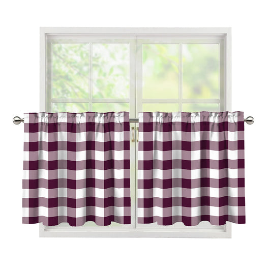 Burgundy And White Check Pattern Print Tier Curtains