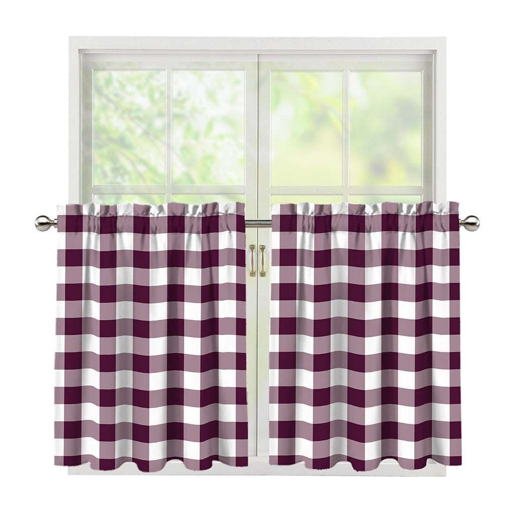 Burgundy And White Check Pattern Print Tier Curtains