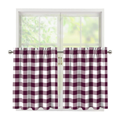 Burgundy And White Check Pattern Print Tier Curtains