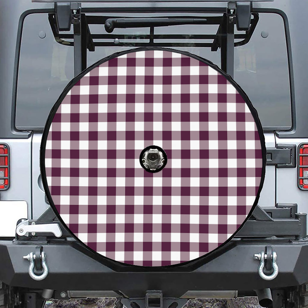 Burgundy And White Check Pattern Print Tire Cover With Camera Hole