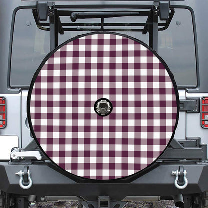 Burgundy And White Check Pattern Print Tire Cover With Camera Hole