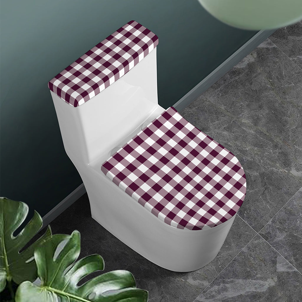 Burgundy And White Check Pattern Print Toilet Lid And Tank Cover Set