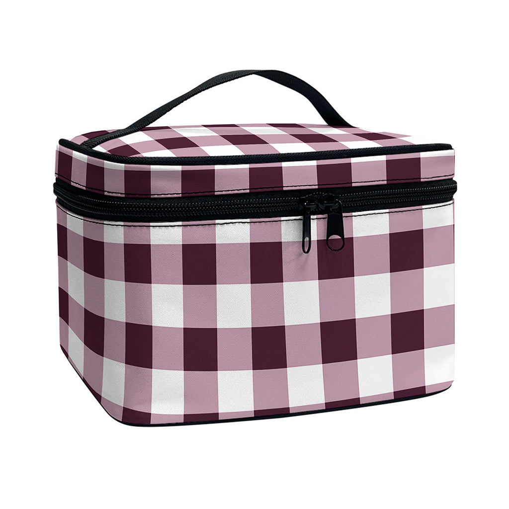 Burgundy And White Check Pattern Print Travel Makeup Bag