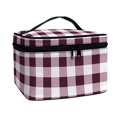Burgundy And White Check Pattern Print Travel Makeup Bag