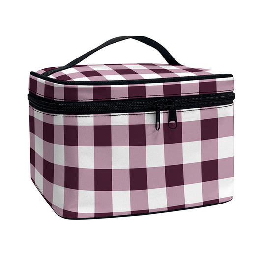 Burgundy And White Check Pattern Print Travel Makeup Bag