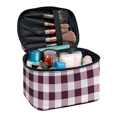 Burgundy And White Check Pattern Print Travel Makeup Bag