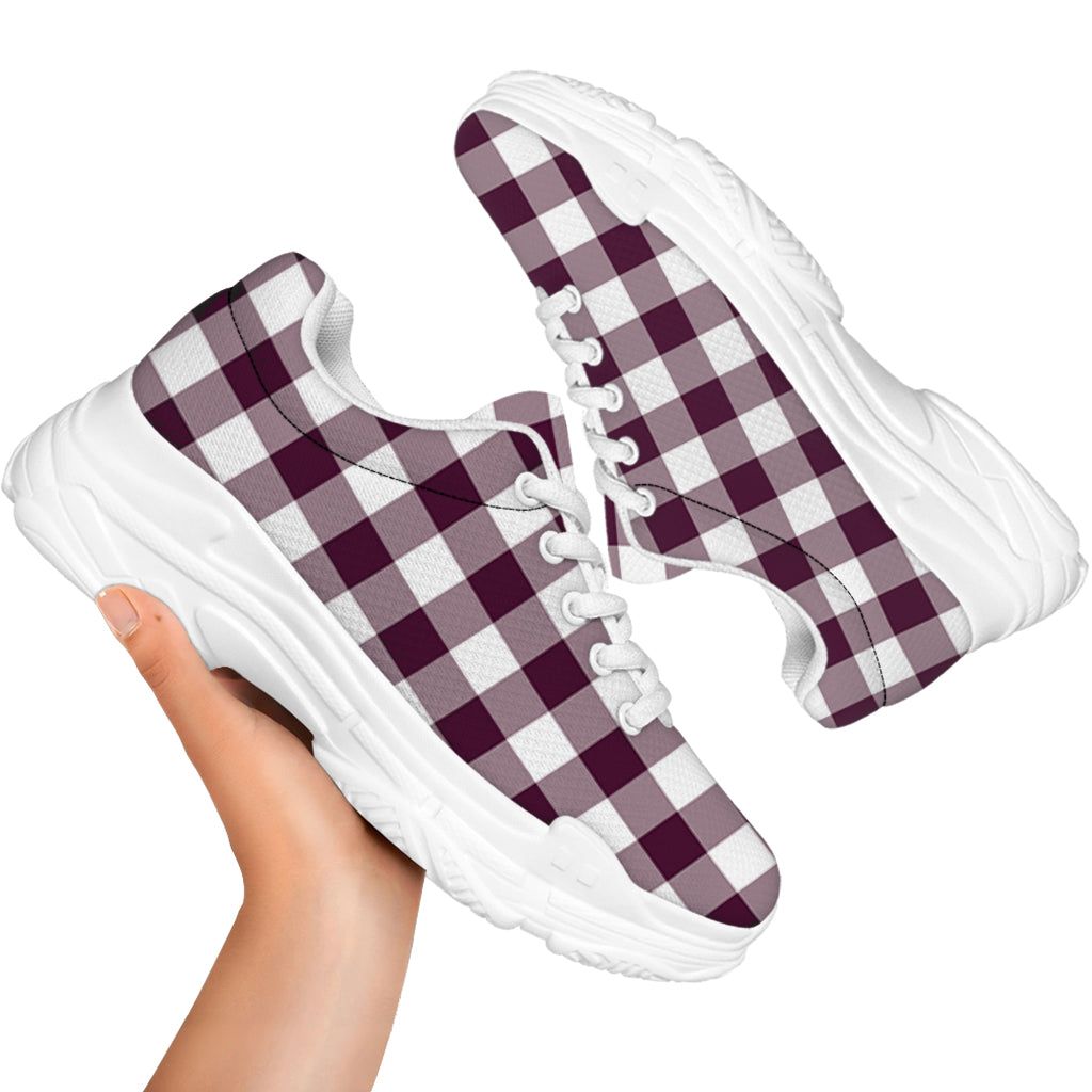 Burgundy And White Check Pattern Print White Chunky Shoes