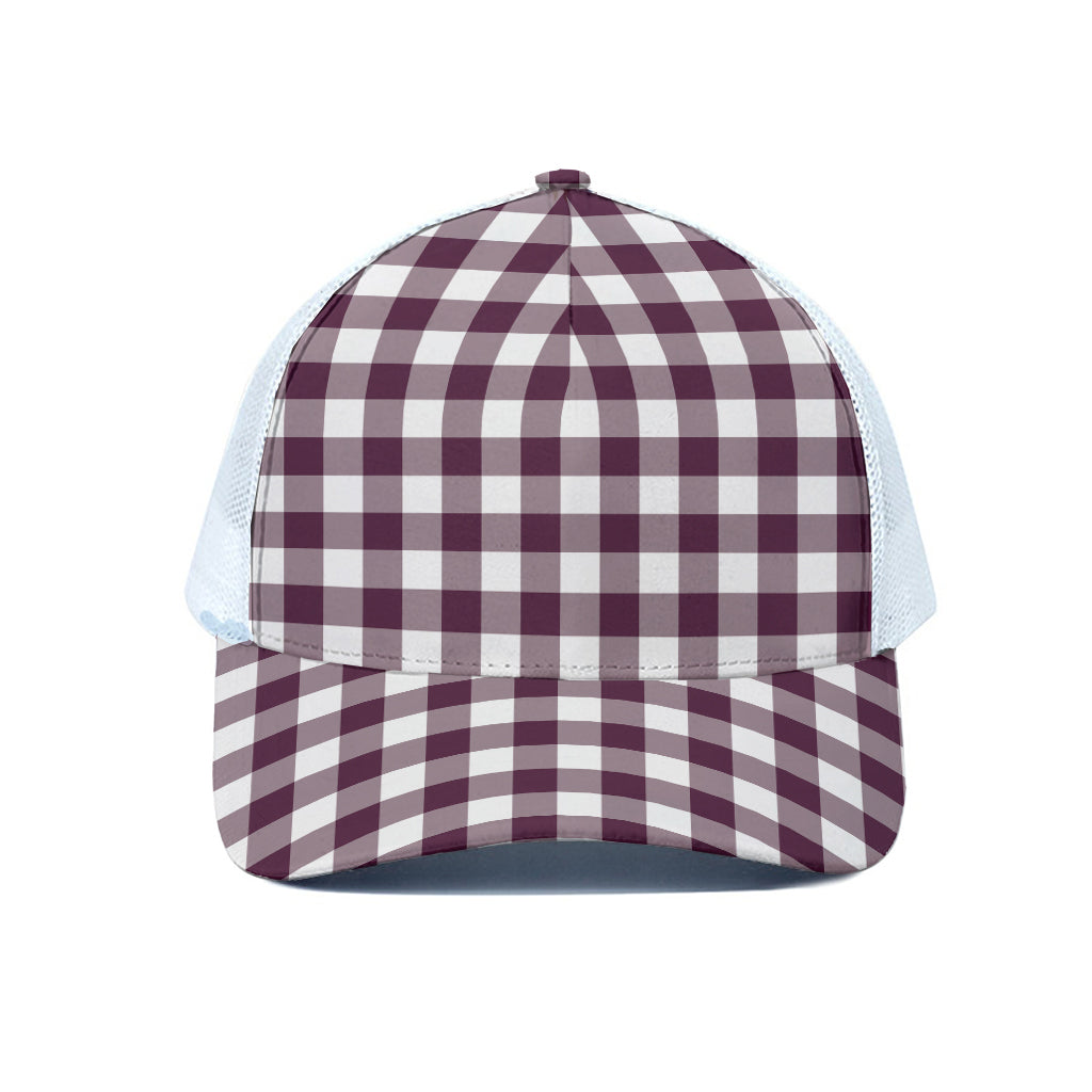 Burgundy And White Check Pattern Print White Mesh Trucker Cap