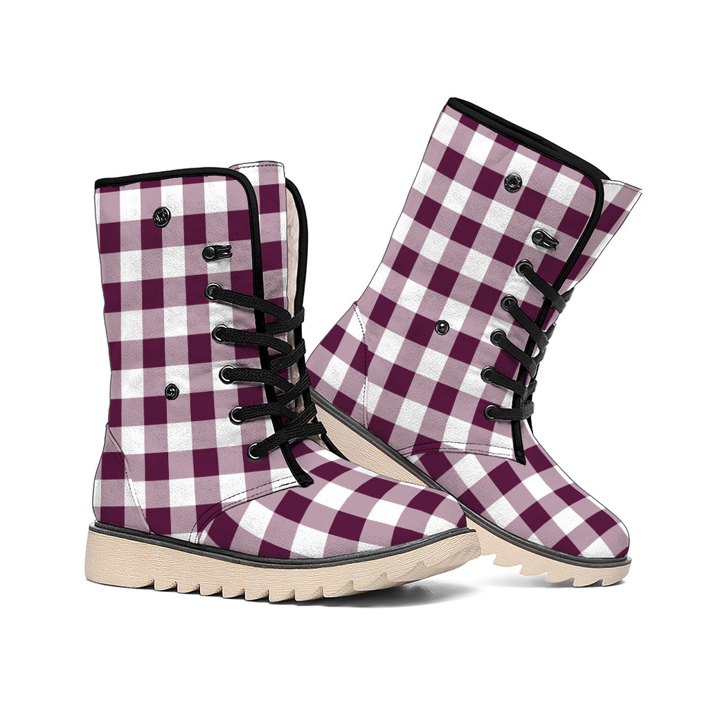 Burgundy And White Check Pattern Print Winter Boots