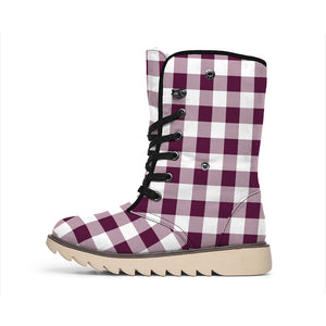 Burgundy And White Check Pattern Print Winter Boots