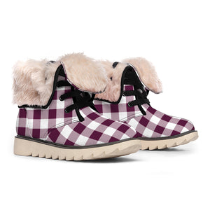 Burgundy And White Check Pattern Print Winter Boots