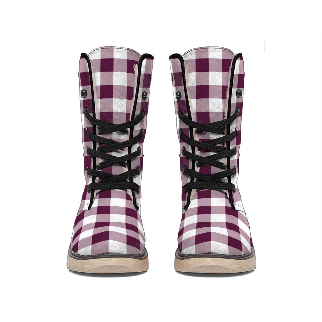 Burgundy And White Check Pattern Print Winter Boots