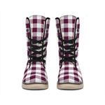 Burgundy And White Check Pattern Print Winter Boots