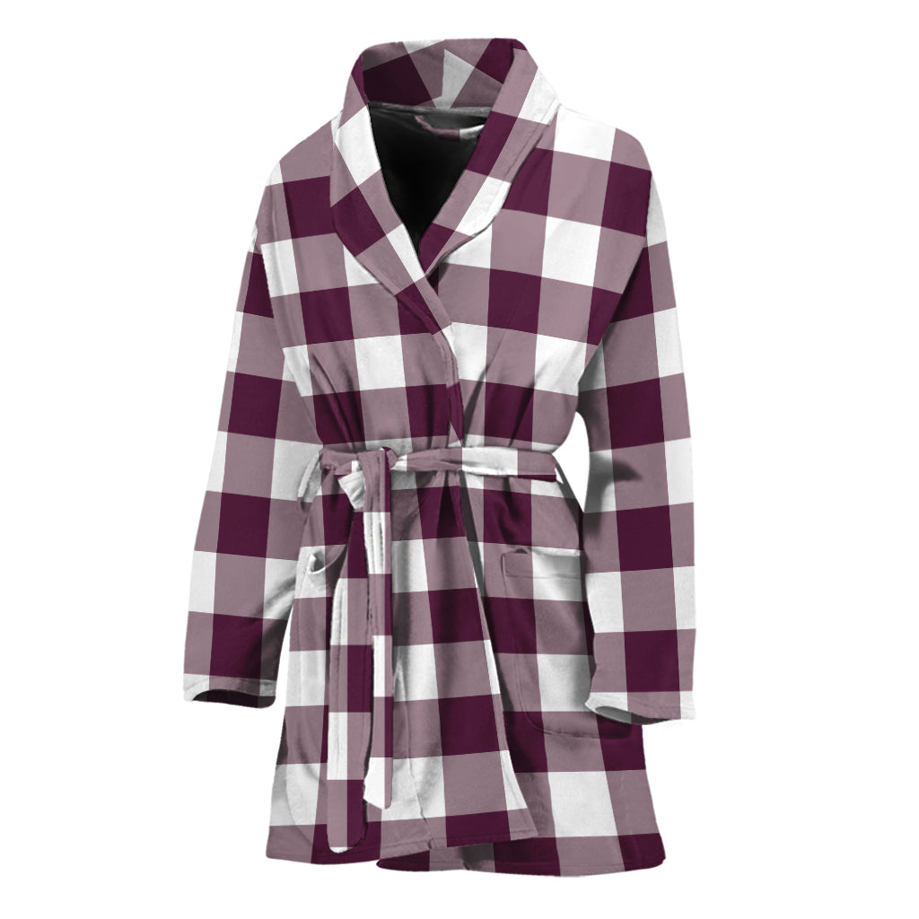 Burgundy And White Check Pattern Print Women's Bathrobe