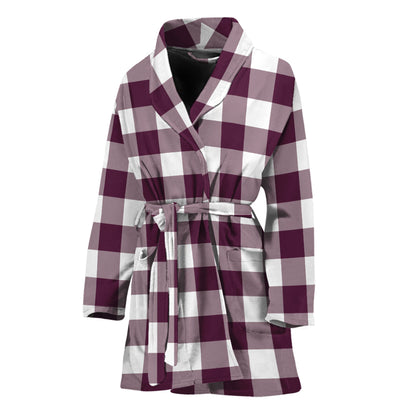 Burgundy And White Check Pattern Print Women's Bathrobe
