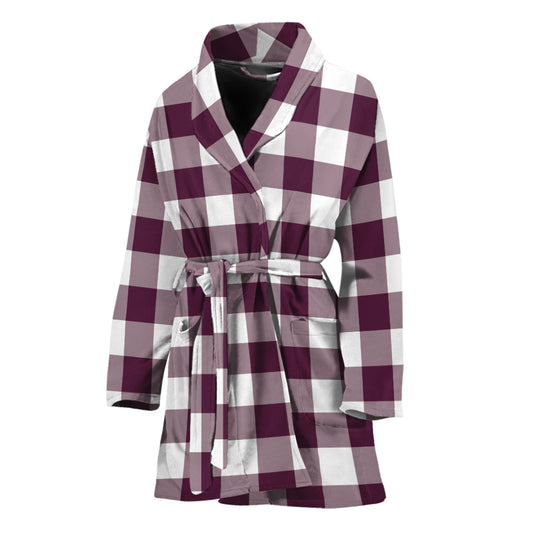 Burgundy And White Check Pattern Print Women's Bathrobe