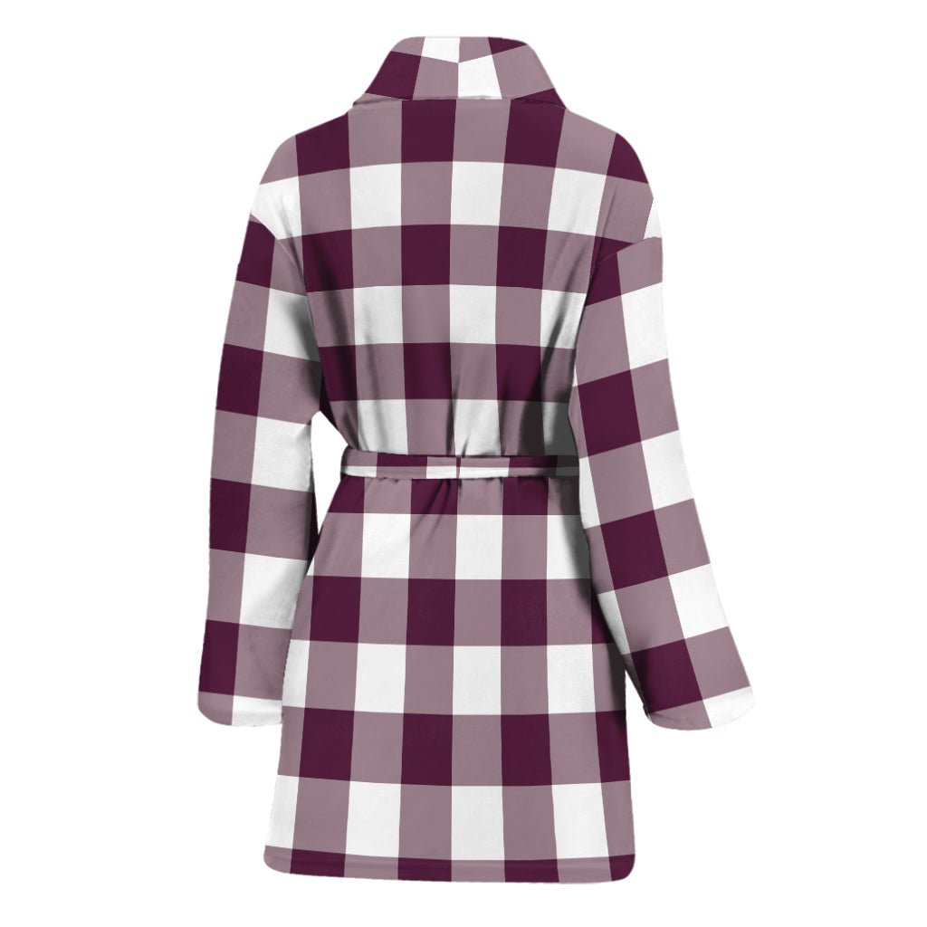 Burgundy And White Check Pattern Print Women's Bathrobe