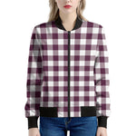 Burgundy And White Check Pattern Print Women's Bomber Jacket