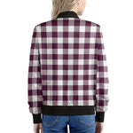 Burgundy And White Check Pattern Print Women's Bomber Jacket