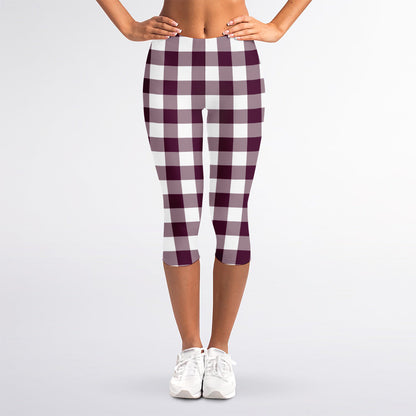 Burgundy And White Check Pattern Print Women's Capri Leggings