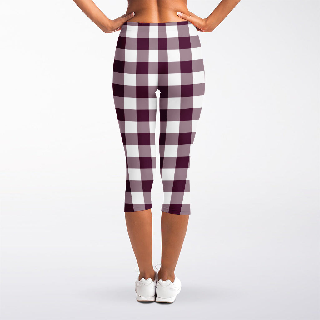 Burgundy And White Check Pattern Print Women's Capri Leggings