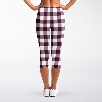 Burgundy And White Check Pattern Print Women's Capri Leggings