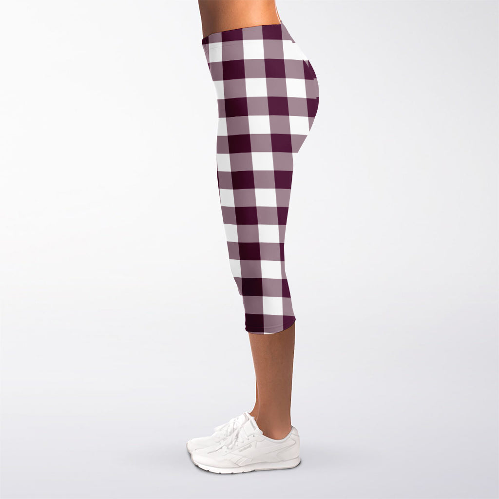 Burgundy And White Check Pattern Print Women's Capri Leggings