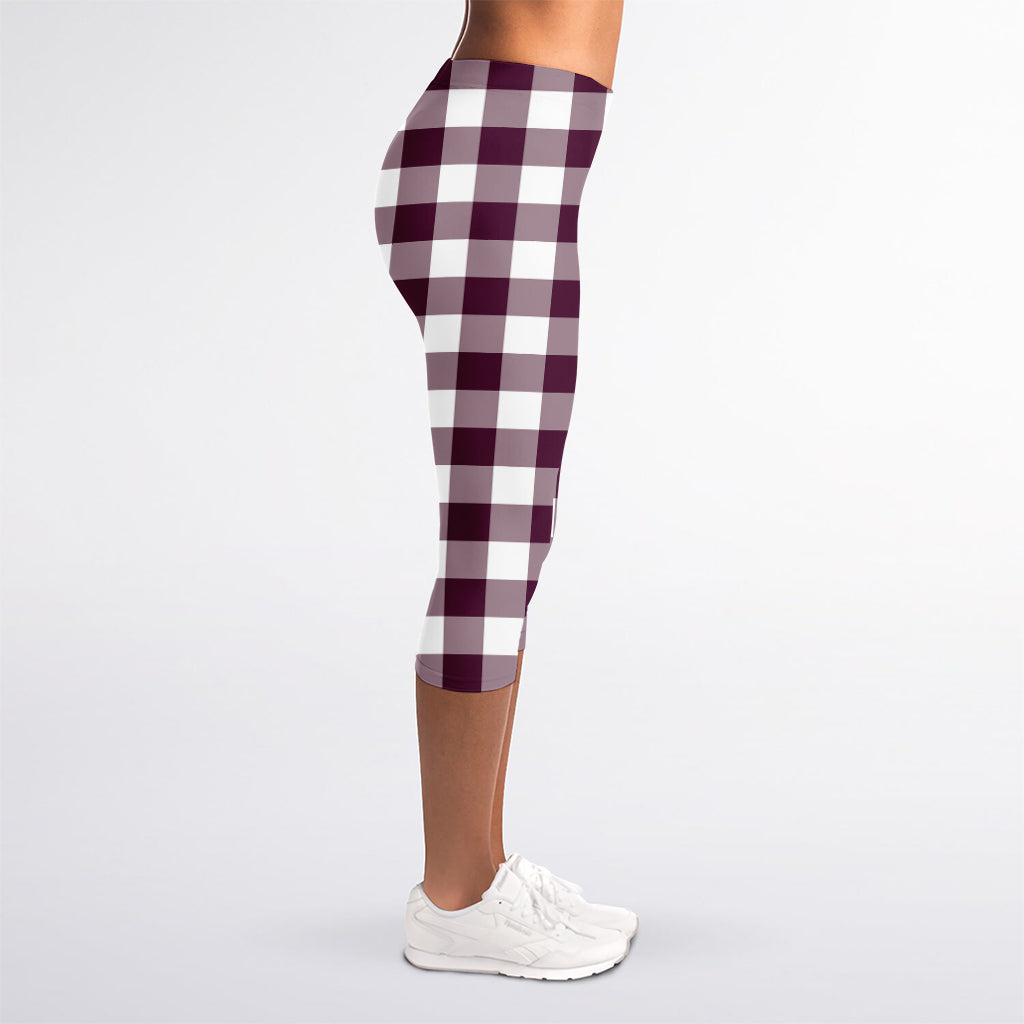 Burgundy And White Check Pattern Print Women's Capri Leggings