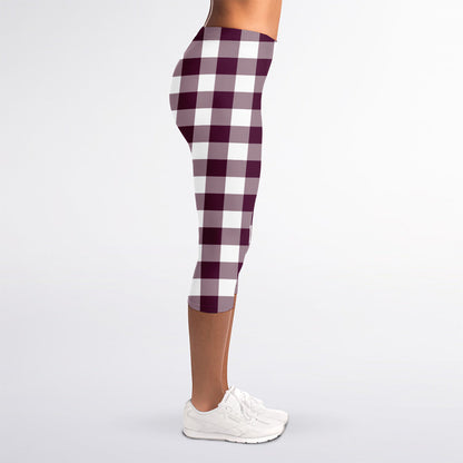 Burgundy And White Check Pattern Print Women's Capri Leggings