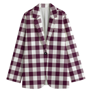 Burgundy And White Check Pattern Print Women's Cotton Blazer