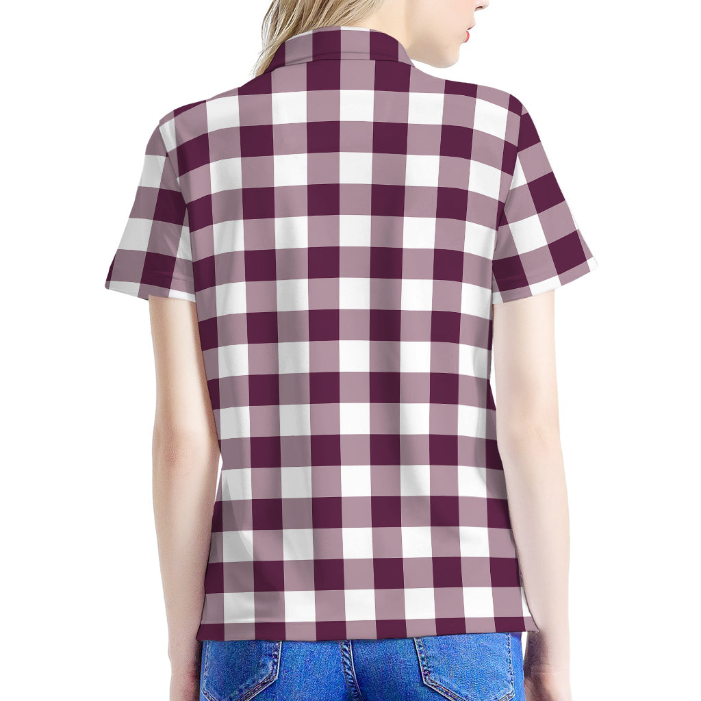 Burgundy And White Check Pattern Print Women's Polo Shirt