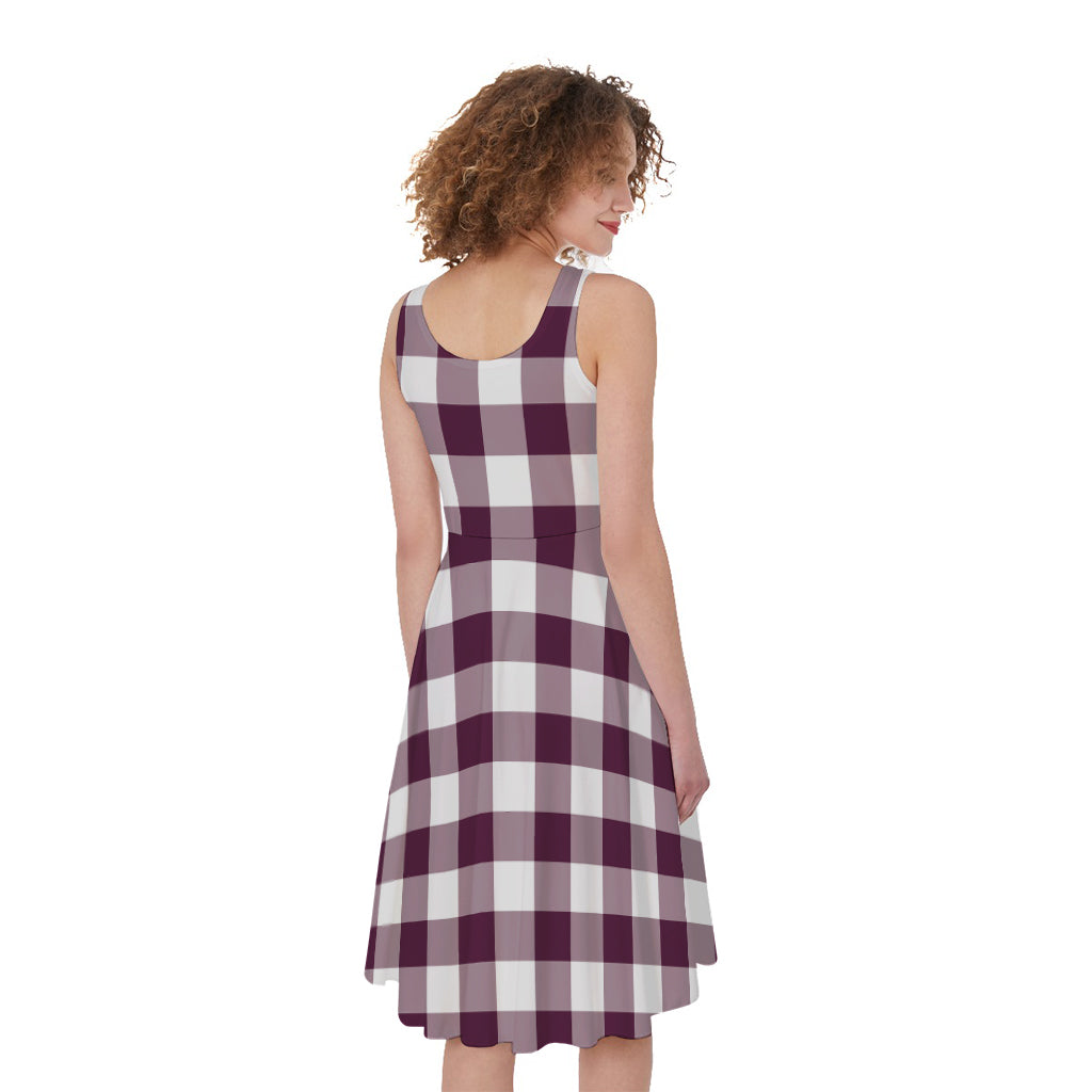 Burgundy And White Check Pattern Print Women's Sleeveless Dress