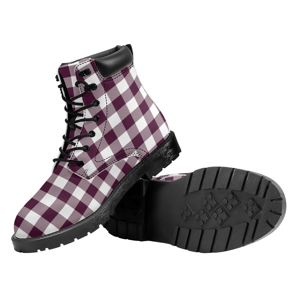 Burgundy And White Check Pattern Print Work Boots