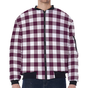 Burgundy And White Check Pattern Print Zip Sleeve Bomber Jacket