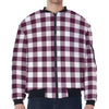 Burgundy And White Check Pattern Print Zip Sleeve Bomber Jacket