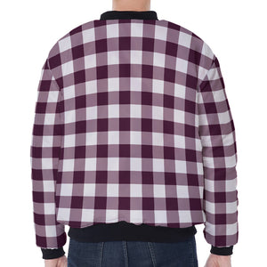 Burgundy And White Check Pattern Print Zip Sleeve Bomber Jacket