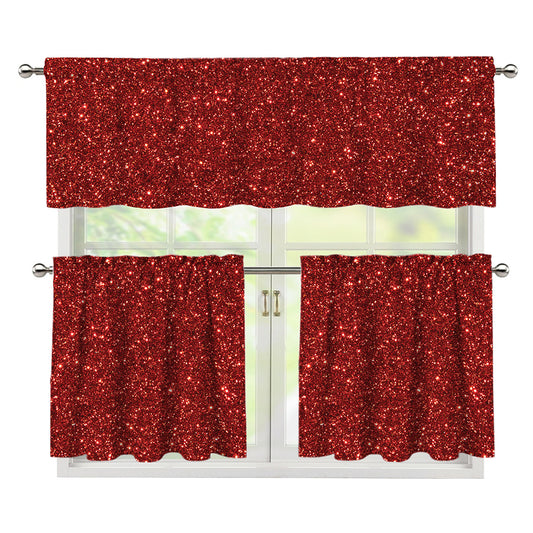 Burgundy (NOT Real) Glitter Print 3 Piece Kitchen Curtains