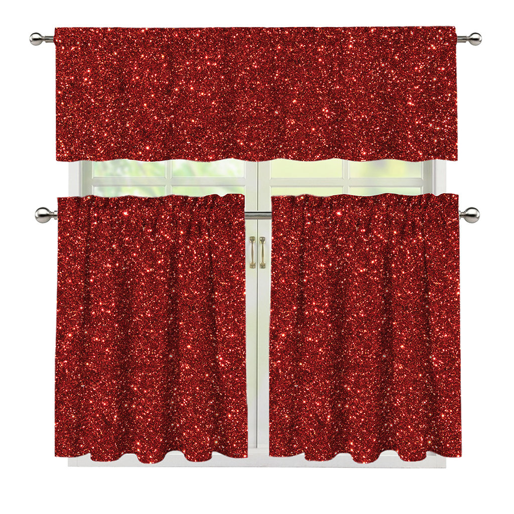 Burgundy (NOT Real) Glitter Print 3 Piece Kitchen Curtains
