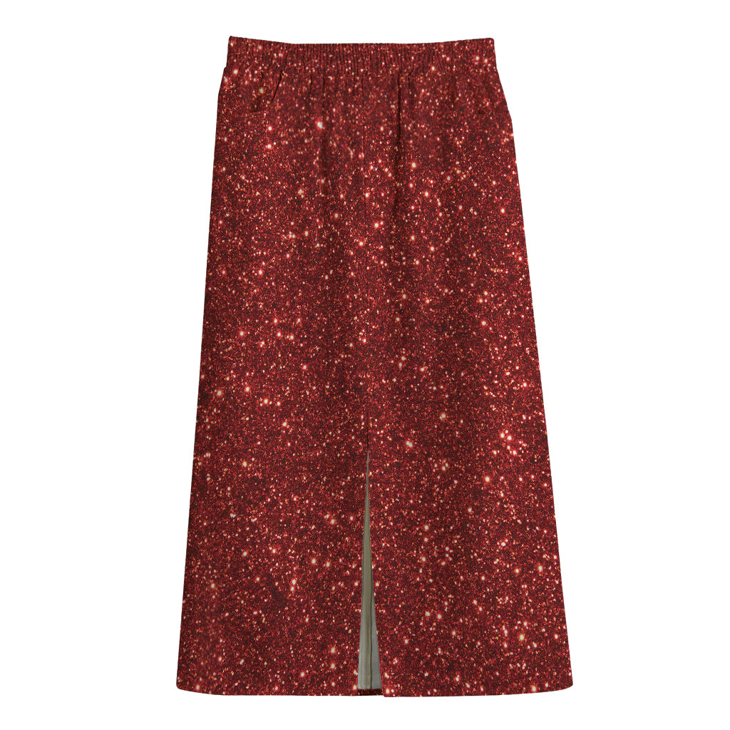 Burgundy (NOT Real) Glitter Print Cotton Front Slit Maxi Skirt