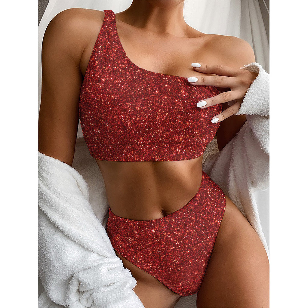 Burgundy (NOT Real) Glitter Print One Shoulder Bikini Top