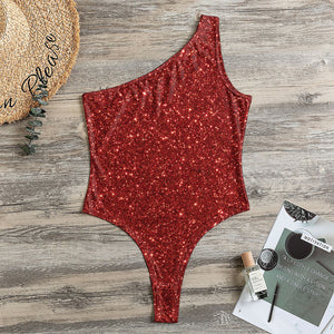 Burgundy (NOT Real) Glitter Print One Shoulder Bodysuit