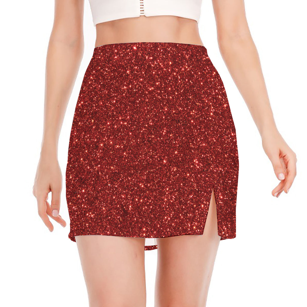 Burgundy (NOT Real) Glitter Print Side Slit Mini Skirt