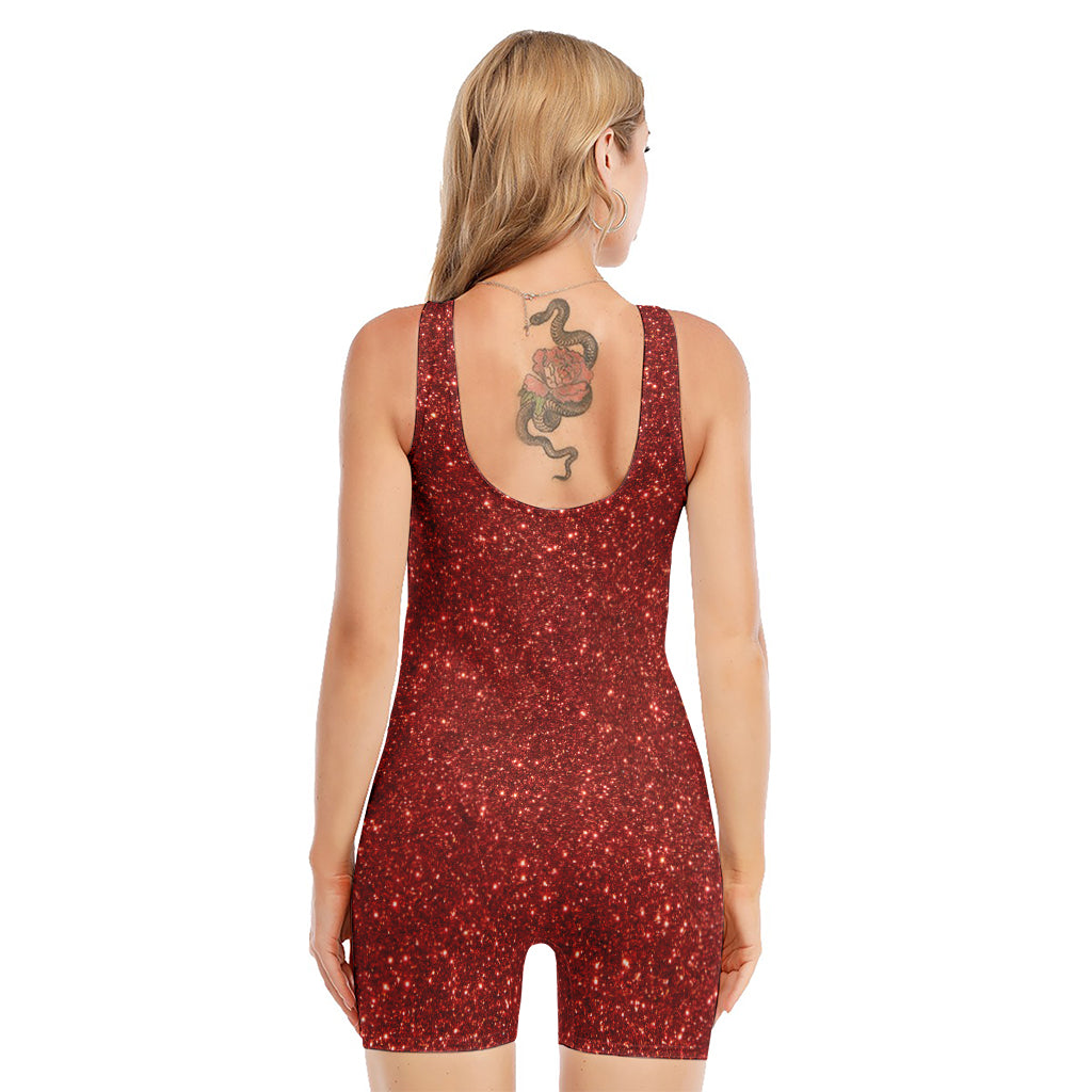 Burgundy (NOT Real) Glitter Print Sleeveless One Piece Swimsuit